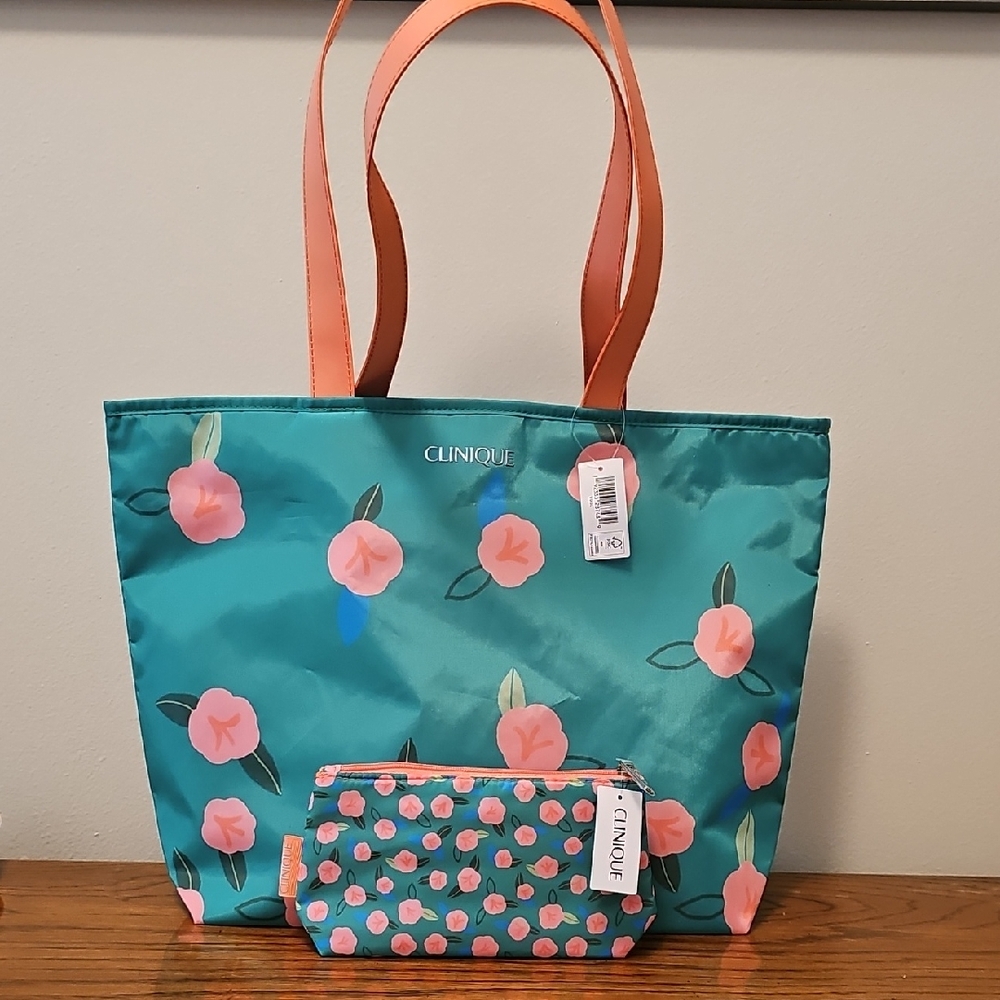 Clinique Green and Coral Floral Tote Set